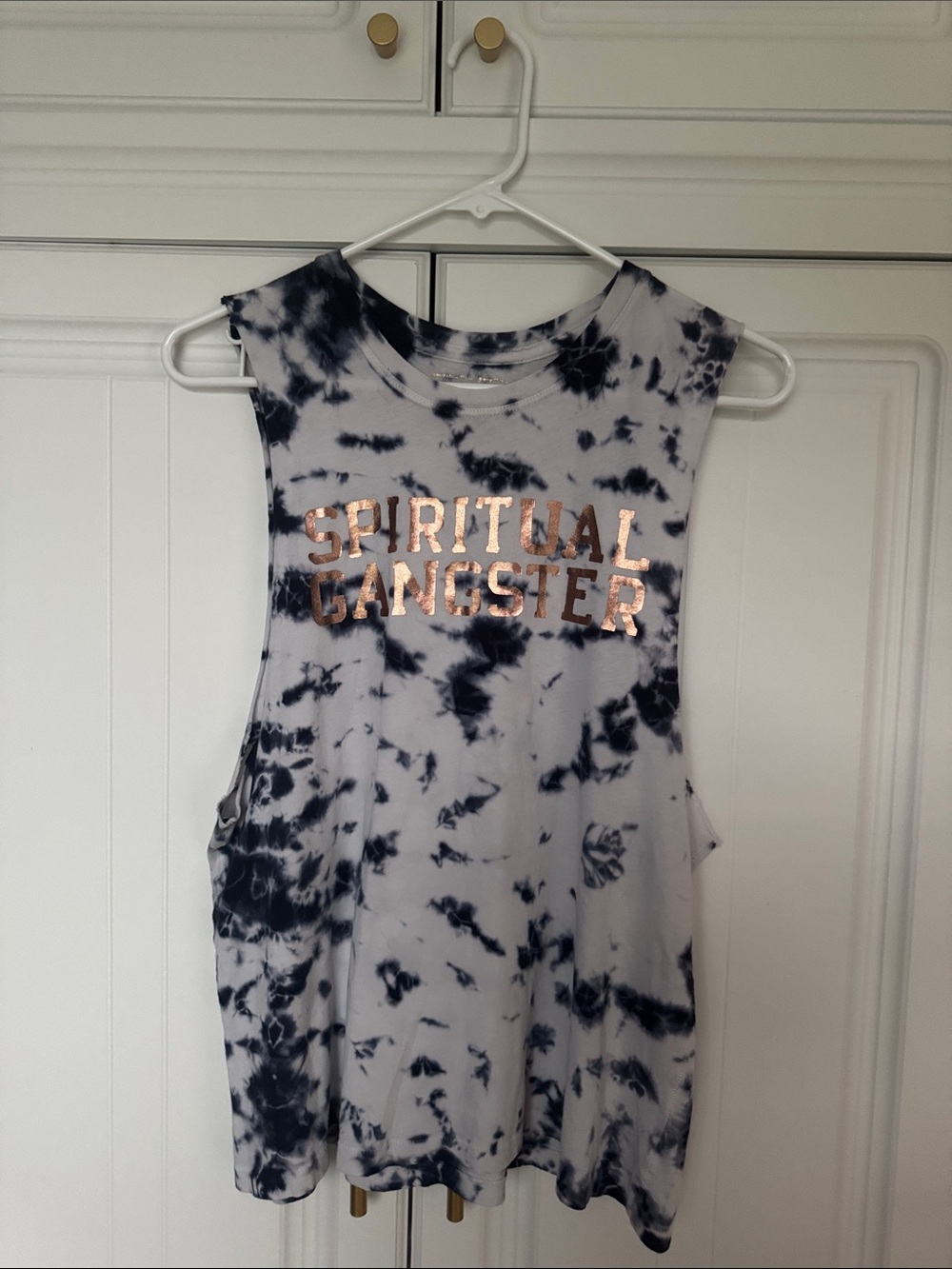 Spiritual Gangster Black & White Tie-Dye Muscle Tee with Rose Gold Metallic Logo